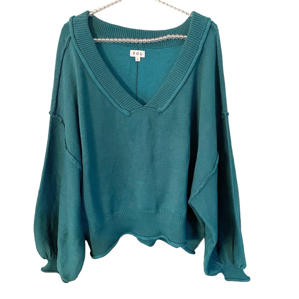 POL Size Large Green Exposed Hem Bubble Sleeve Deep V Pullover Knit Top